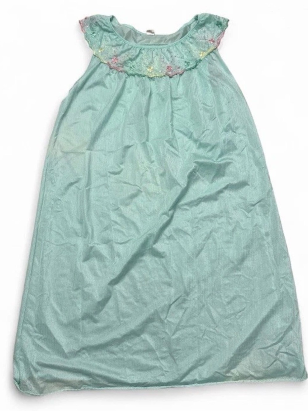 Vintage 60s 70s Nylon Nightgown Medium Aqua Ruffle Embroidered Floral USA
